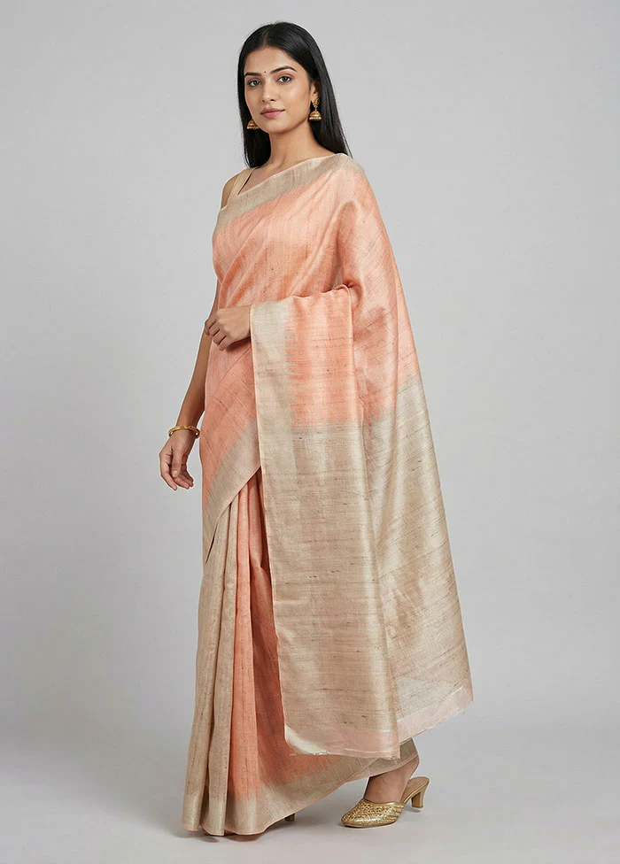 Peach Tussar Silk Saree With Blouse Piece