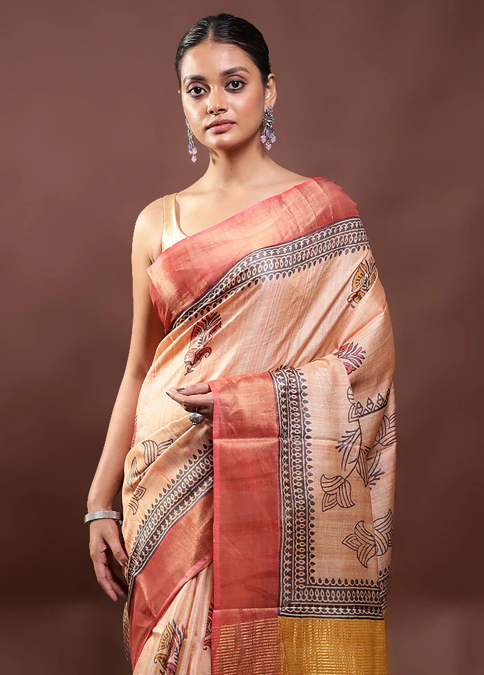 Peach Tussar Silk Saree With Blouse Piece - Image 2