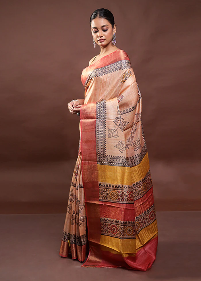 Peach Tussar Silk Saree With Blouse Piece - Image 4
