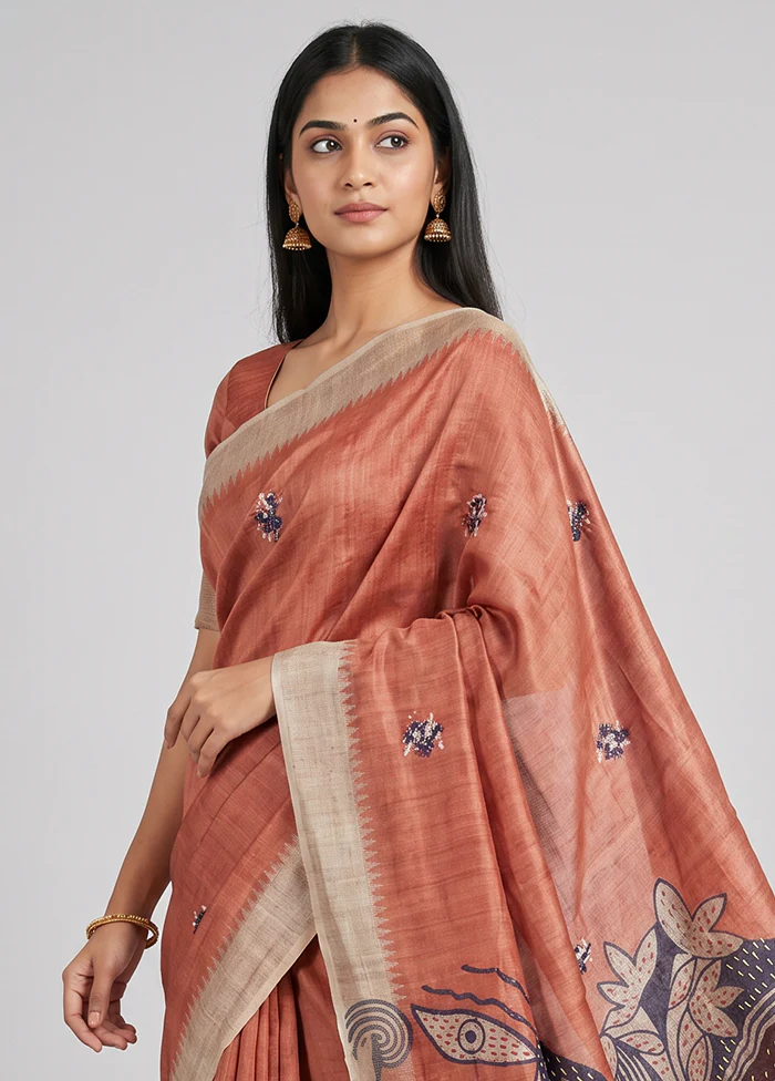 Peach Tussar Silk Saree With Blouse Piece - Image 2