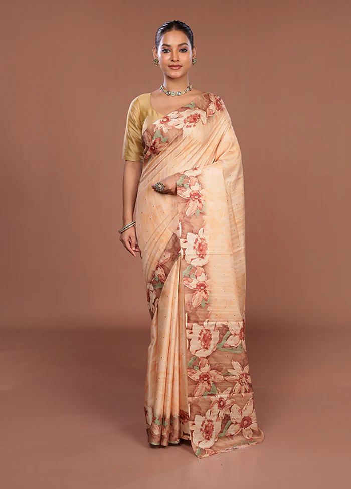 Peach Tussar Silk Saree With Blouse Piece - Image 2