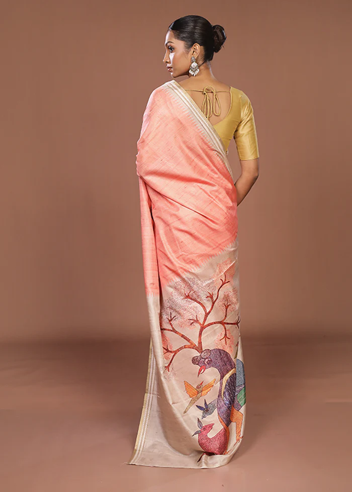 Peach Tussar Silk Saree With Blouse Piece - Image 3