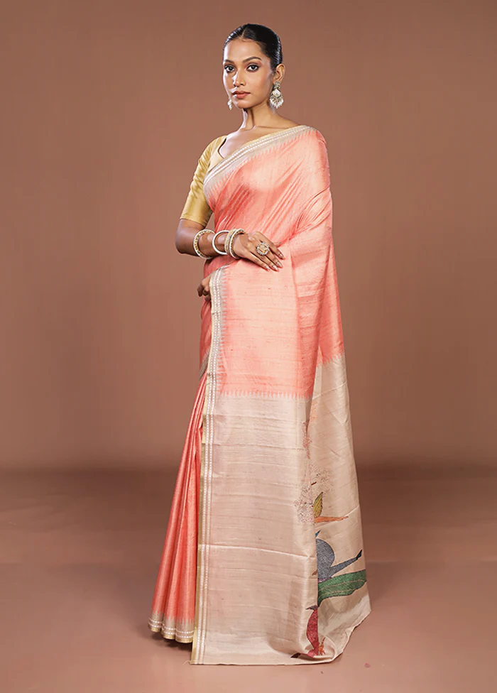 Peach Tussar Silk Saree With Blouse Piece - Image 4
