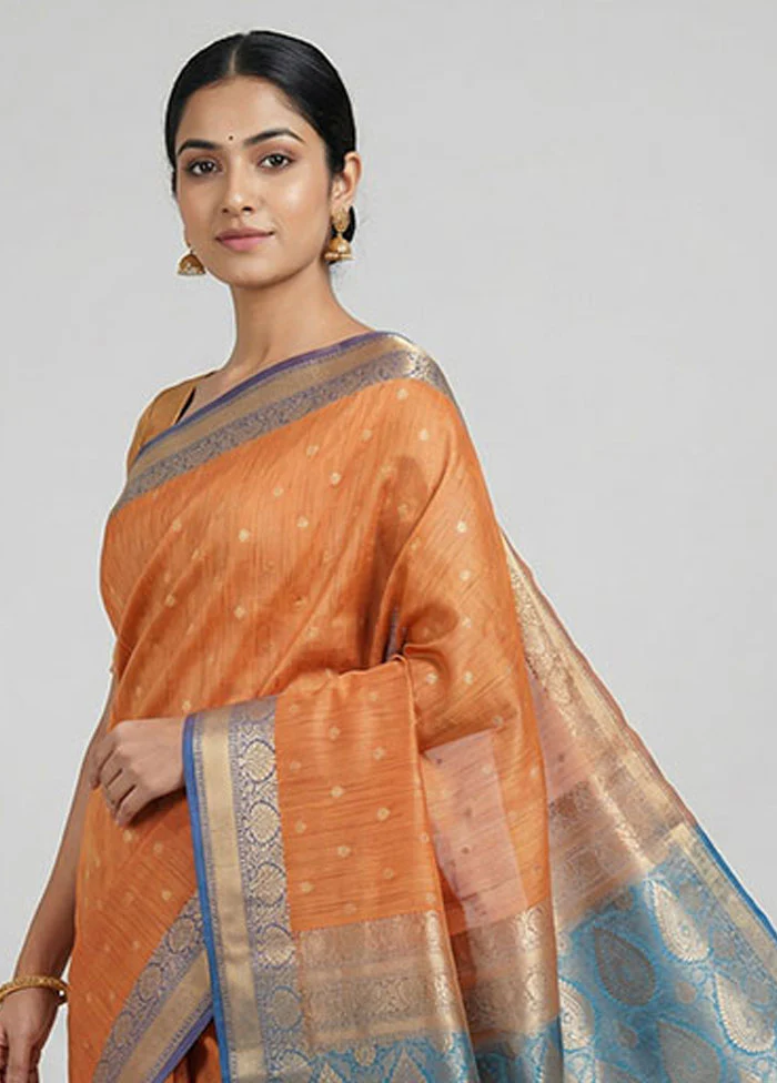 Peach Tussar Silk Saree With Blouse Piece - Image 2