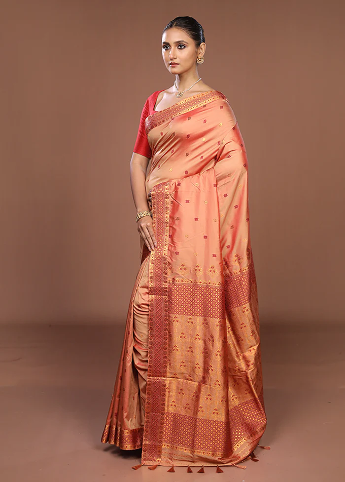 Pink Assam Silk Saree With Blouse Piece - Image 4