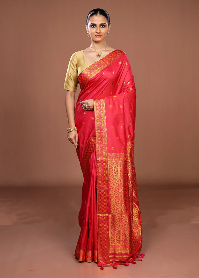 Pink Assam Silk Saree With Blouse Piece - Image 2