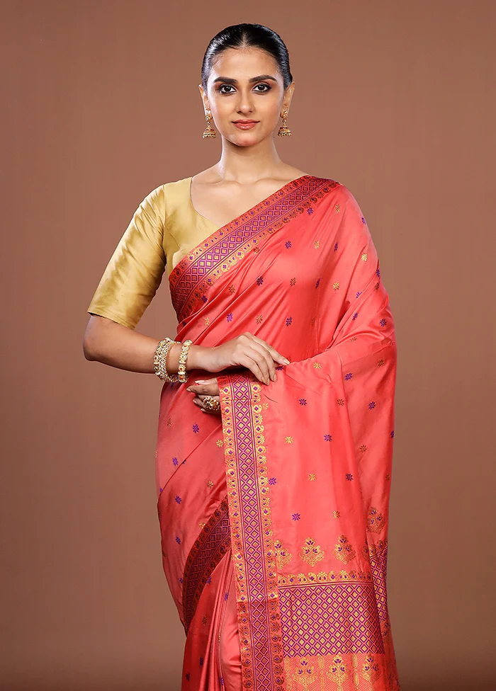 Pink Assam Silk Saree With Blouse Piece