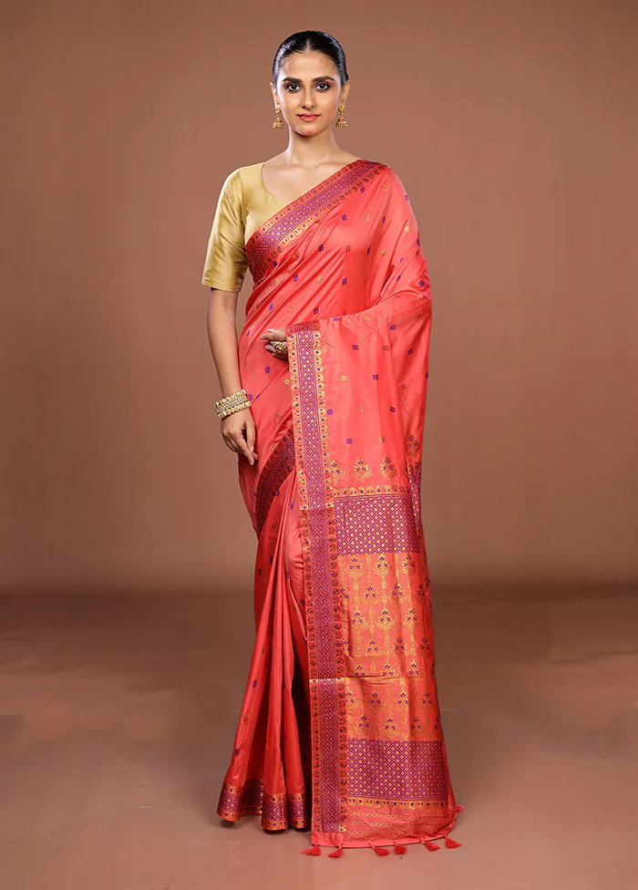 Pink Assam Silk Saree With Blouse Piece - Image 2