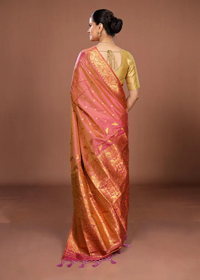 Pink Assam Silk Saree With Blouse Piece - Image 3