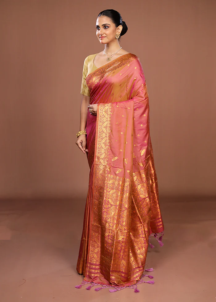 Pink Assam Silk Saree With Blouse Piece - Image 4