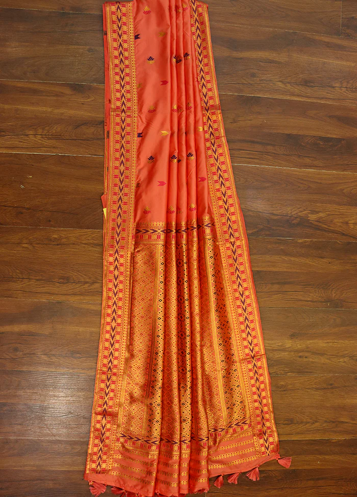 Peach Assam Silk Saree With Blouse Piece - Image 3