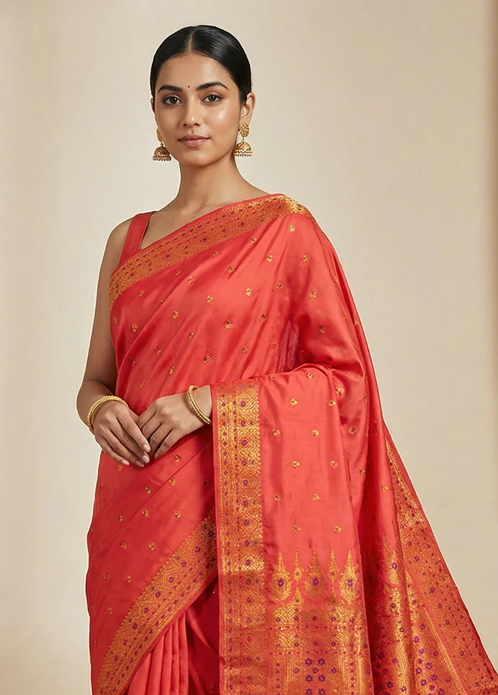Pink Assam Silk Saree With Blouse Piece - Image 2