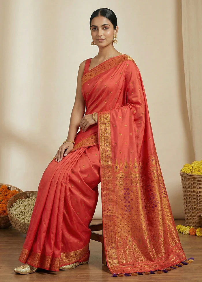 Pink Assam Silk Saree With Blouse Piece - Image 3