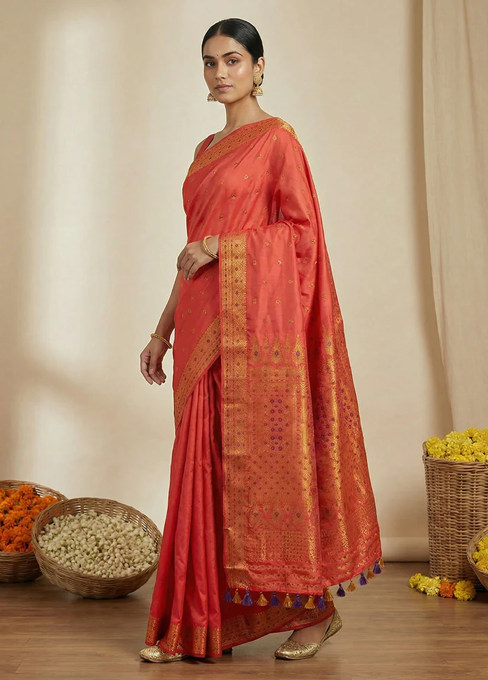 Pink Assam Silk Saree With Blouse Piece - Image 4