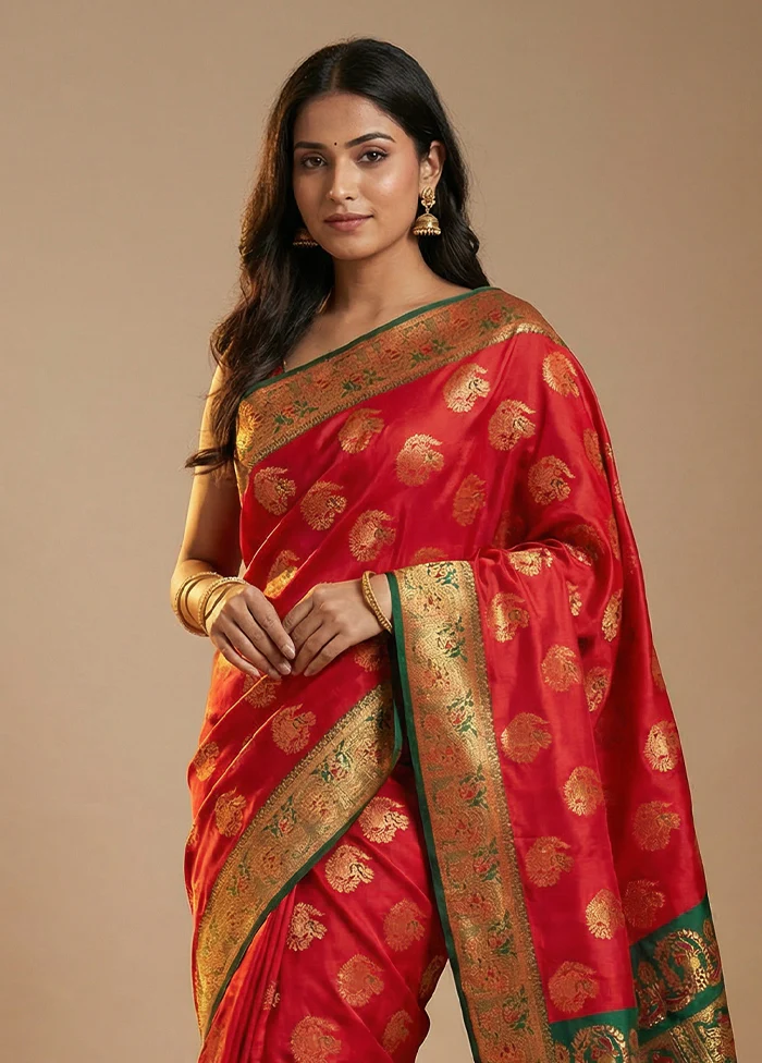 Red Baluchari Silk Saree With Blouse Piece - Image 2