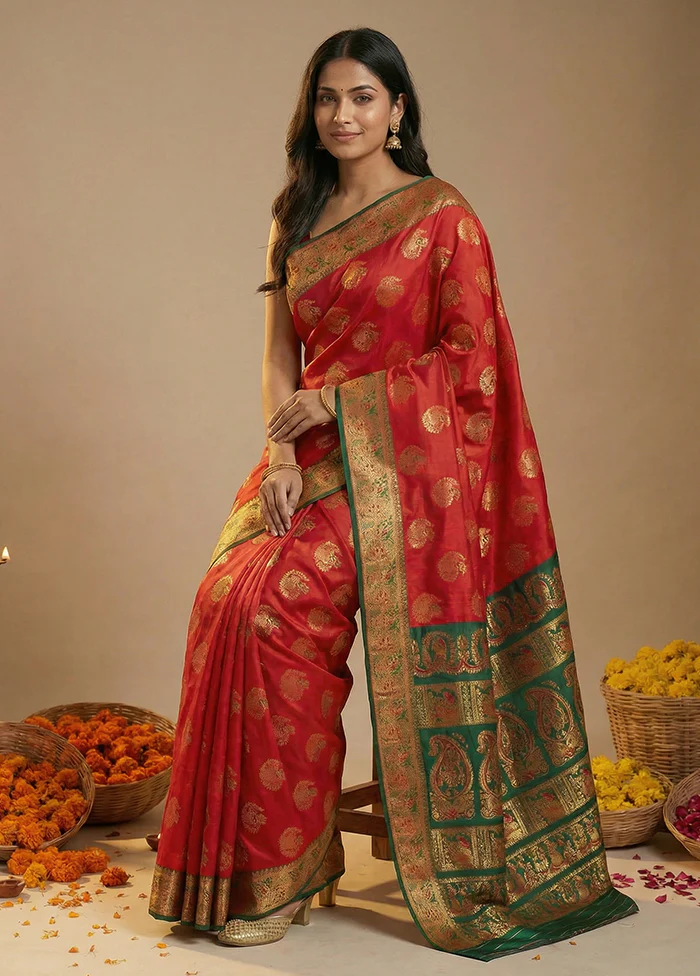 Red Baluchari Silk Saree With Blouse Piece - Image 3