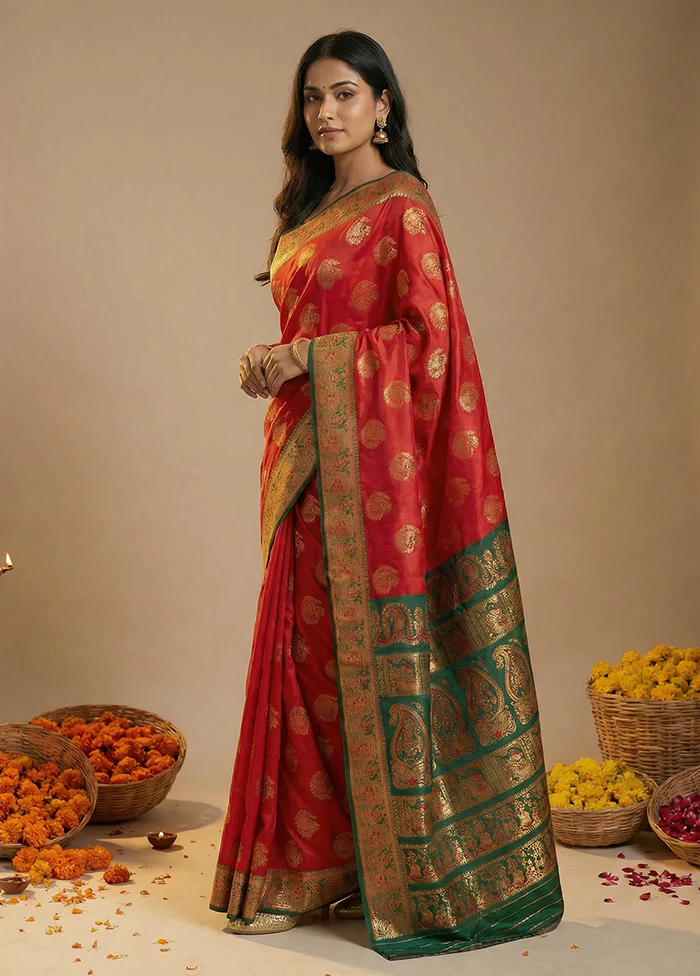 Red Baluchari Silk Saree With Blouse Piece - Image 4