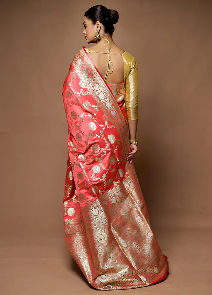 Pink Banarasi Silk Saree With Blouse Piece - Image 3