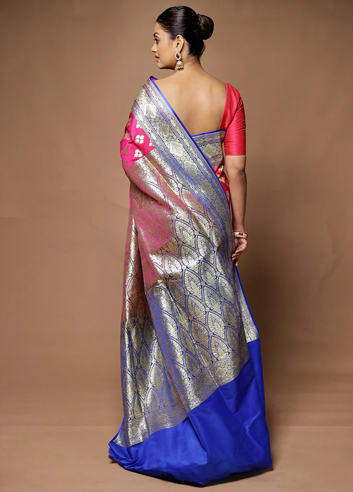 Pink Banarasi Silk Saree With Blouse Piece - Image 3