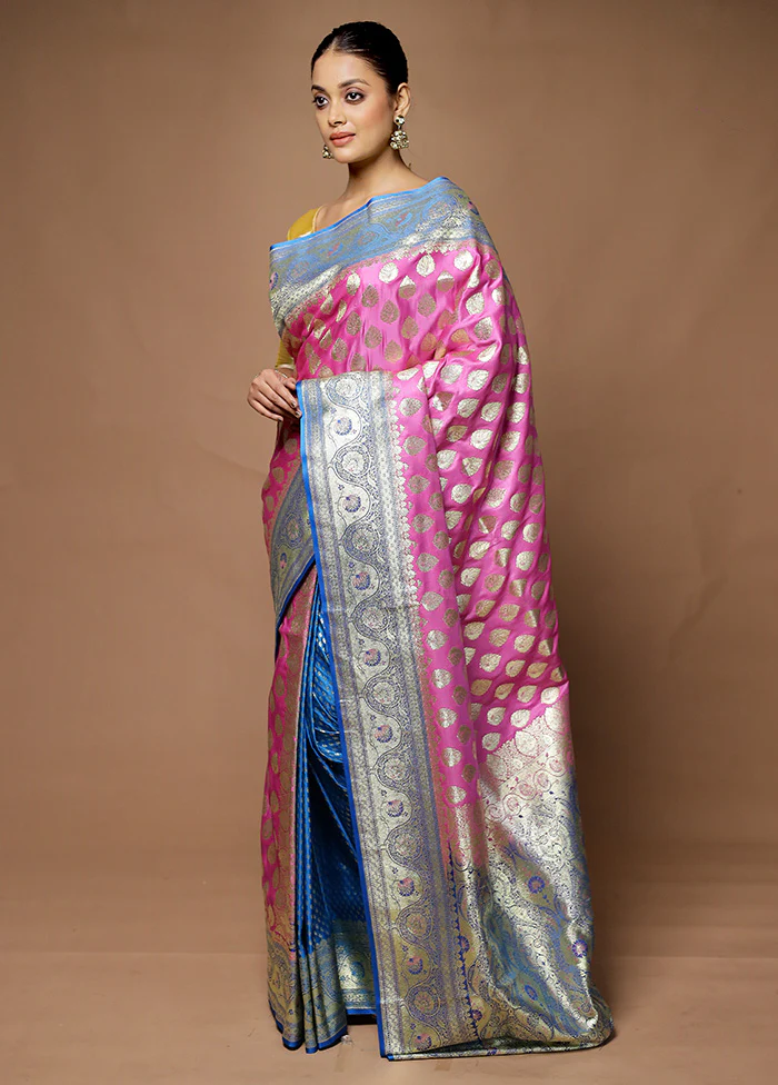 Pink Banarasi Silk Saree With Blouse Piece - Image 4