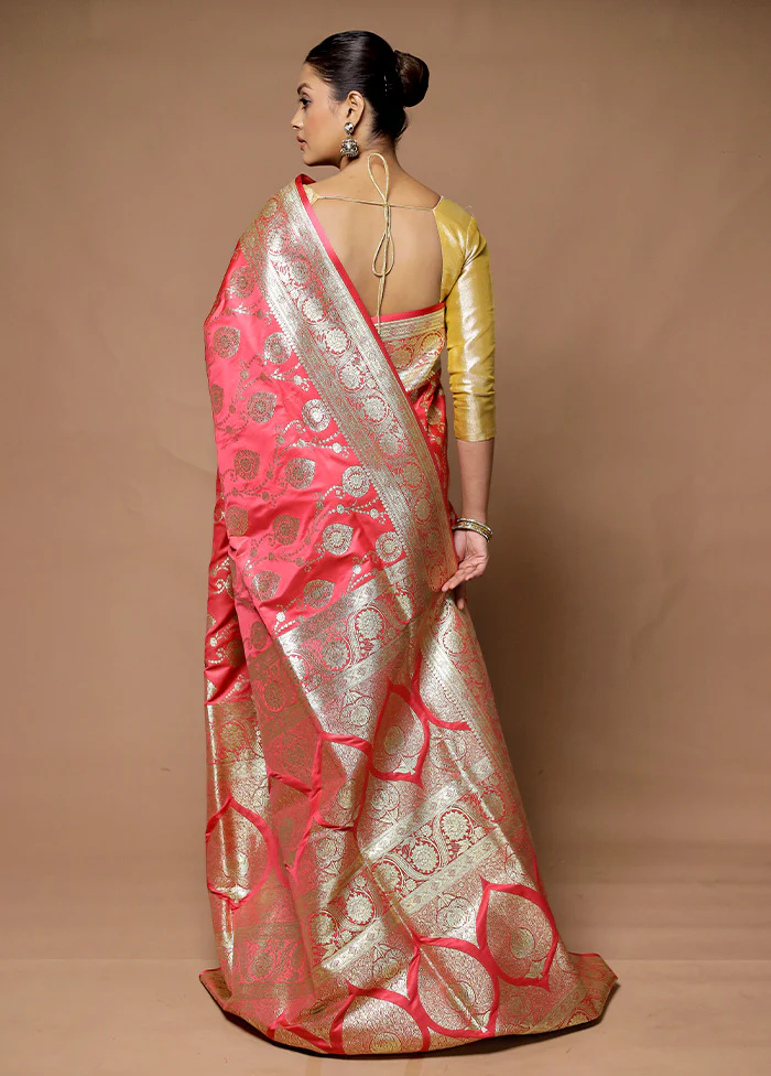 Pink Banarasi Silk Saree With Blouse Piece - Image 3