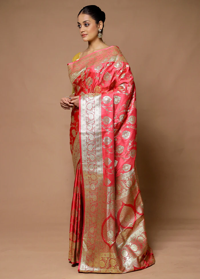 Pink Banarasi Silk Saree With Blouse Piece - Image 4
