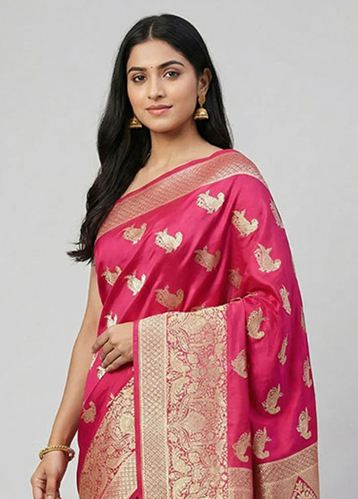 Pink Banarasi Silk Saree With Blouse Piece - Image 2