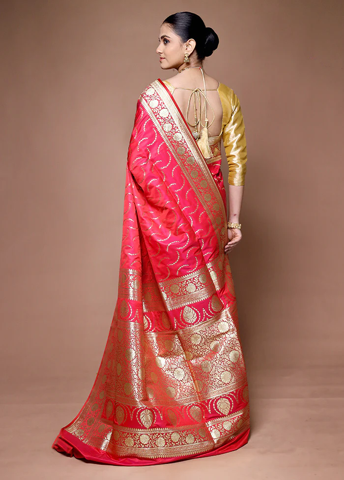 Pink Banarasi Silk Saree With Blouse Piece - Image 3
