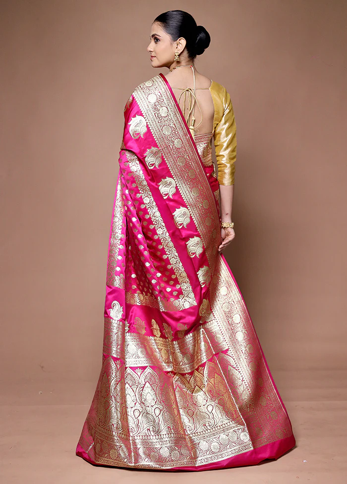 Pink Banarasi Silk Saree With Blouse Piece - Image 3