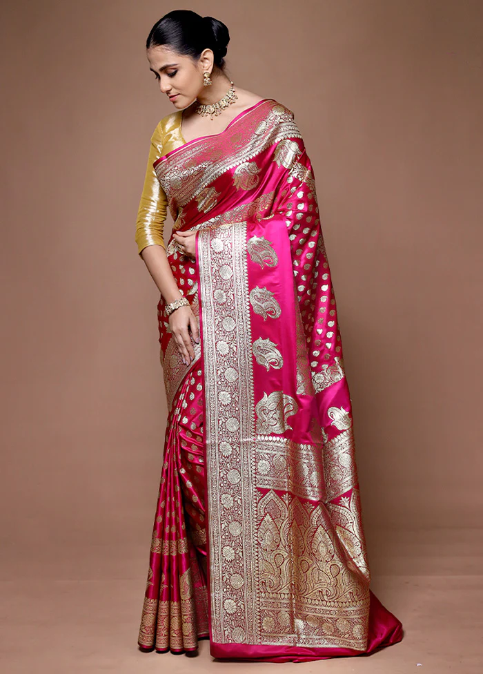 Pink Banarasi Silk Saree With Blouse Piece - Image 4
