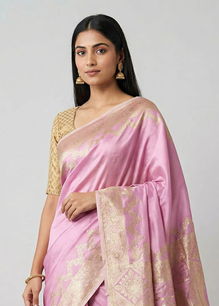 Pink Banarasi Silk Saree With Blouse Piece - Image 2