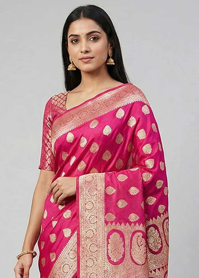 Pink Banarasi Silk Saree With Blouse Piece - Image 2