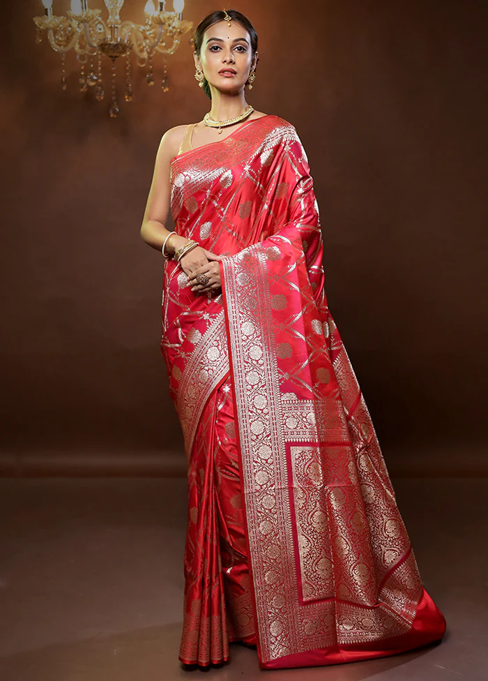 Pink Banarasi Silk Saree With Blouse Piece - Image 2