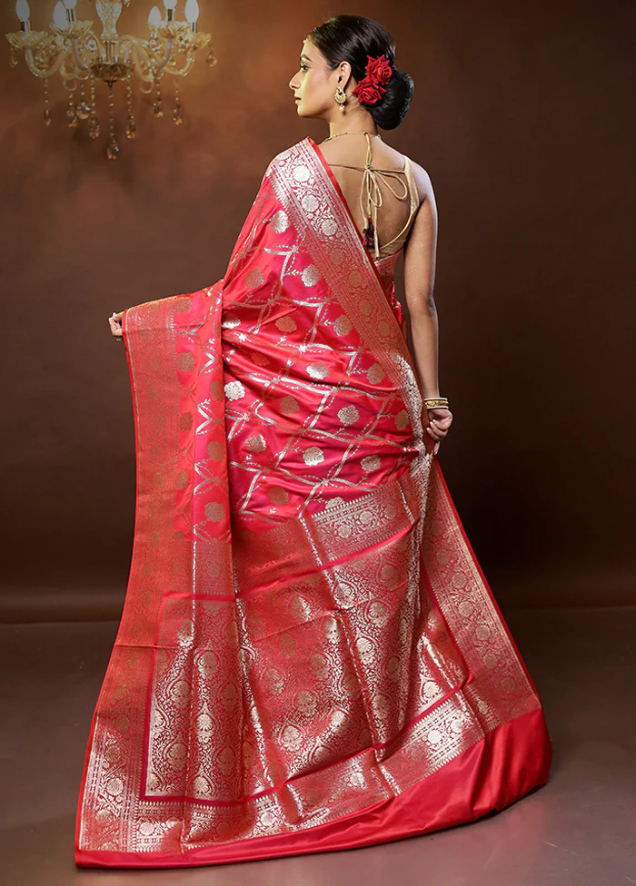 Pink Banarasi Silk Saree With Blouse Piece - Image 3