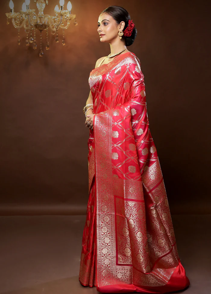 Pink Banarasi Silk Saree With Blouse Piece - Image 4