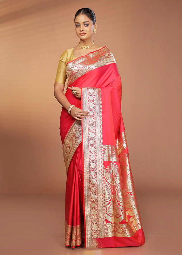 Pink Banarasi Silk Saree With Blouse Piece - Image 2