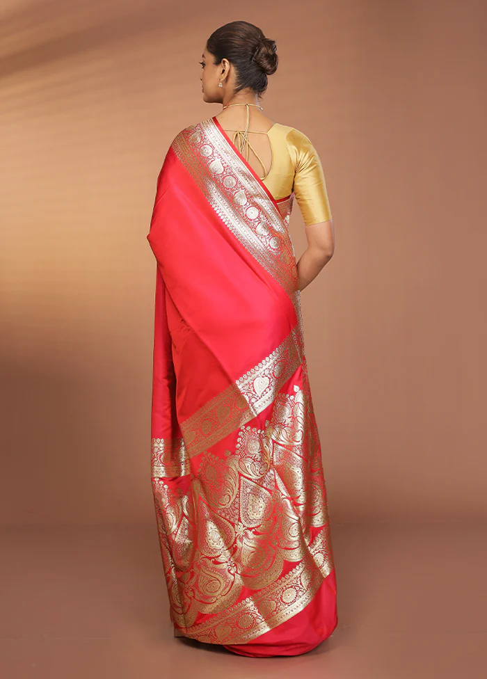 Pink Banarasi Silk Saree With Blouse Piece - Image 3