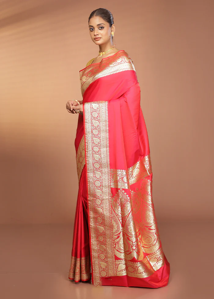 Pink Banarasi Silk Saree With Blouse Piece - Image 4