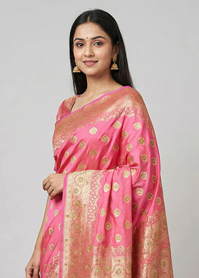 Pink Banarasi Silk Saree With Blouse Piece - Image 2