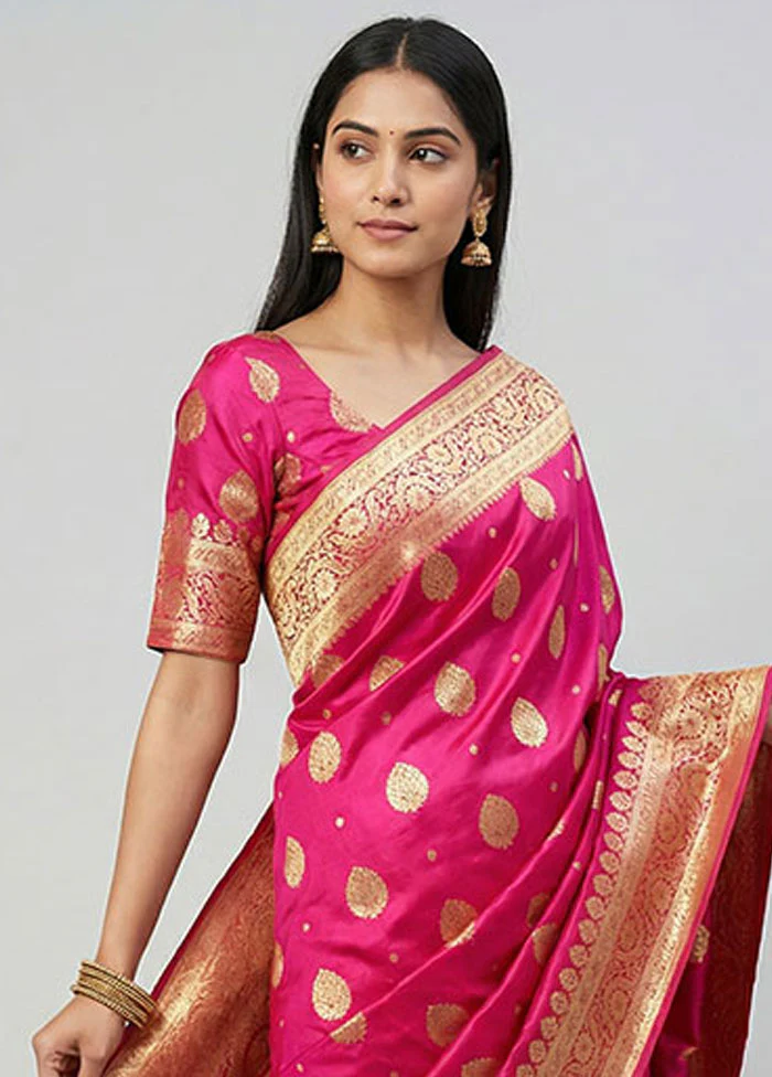 Pink Banarasi Silk Saree With Blouse Piece - Image 2