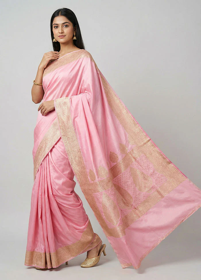 Pink Banarasi Silk Saree With Blouse Piece