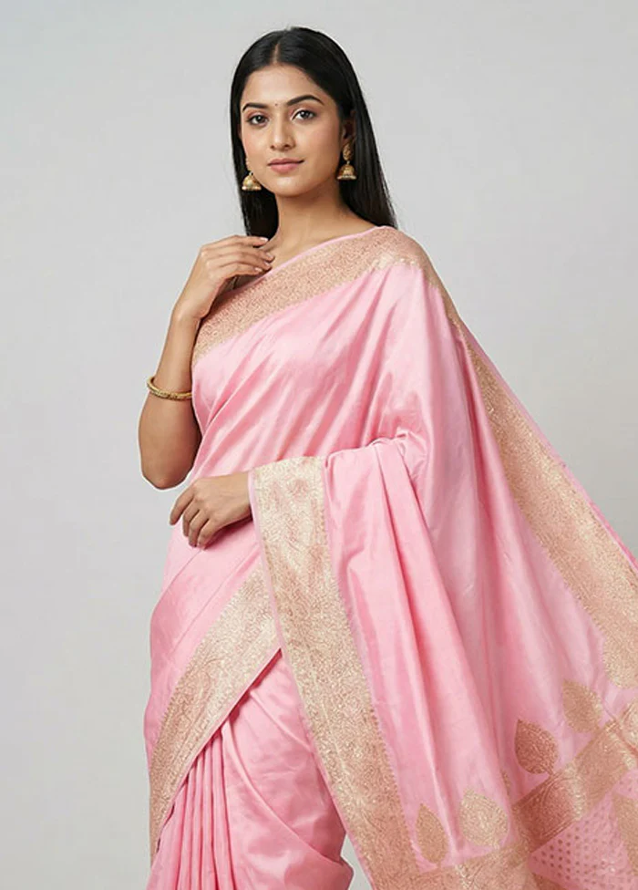 Pink Banarasi Silk Saree With Blouse Piece - Image 2