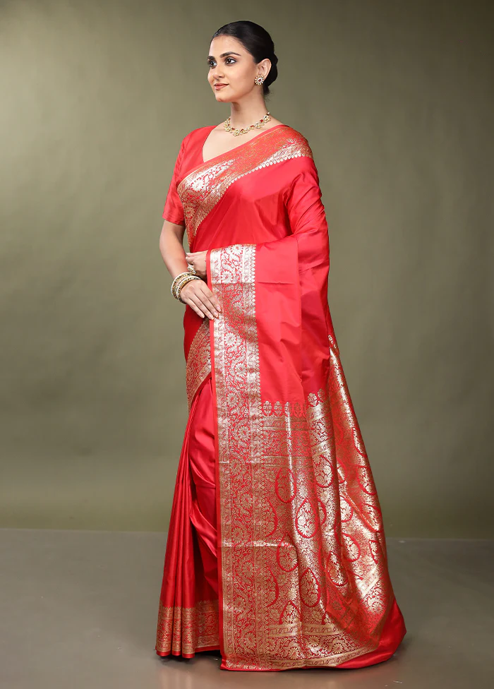 Pink Banarasi Silk Saree With Blouse Piece - Image 4
