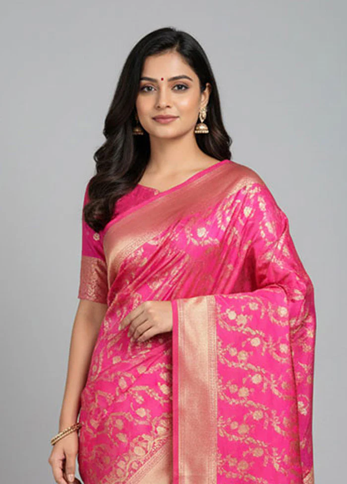 Pink Banarasi Silk Saree With Blouse Piece - Image 2