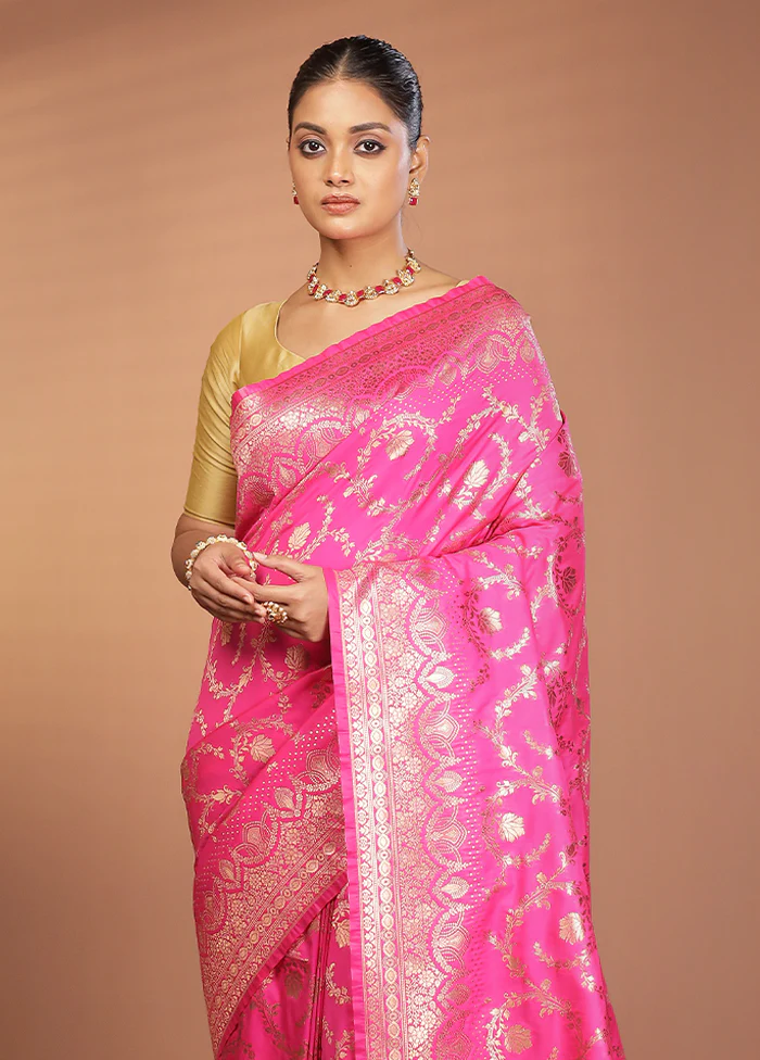 Pink Banarasi Silk Saree With Blouse Piece