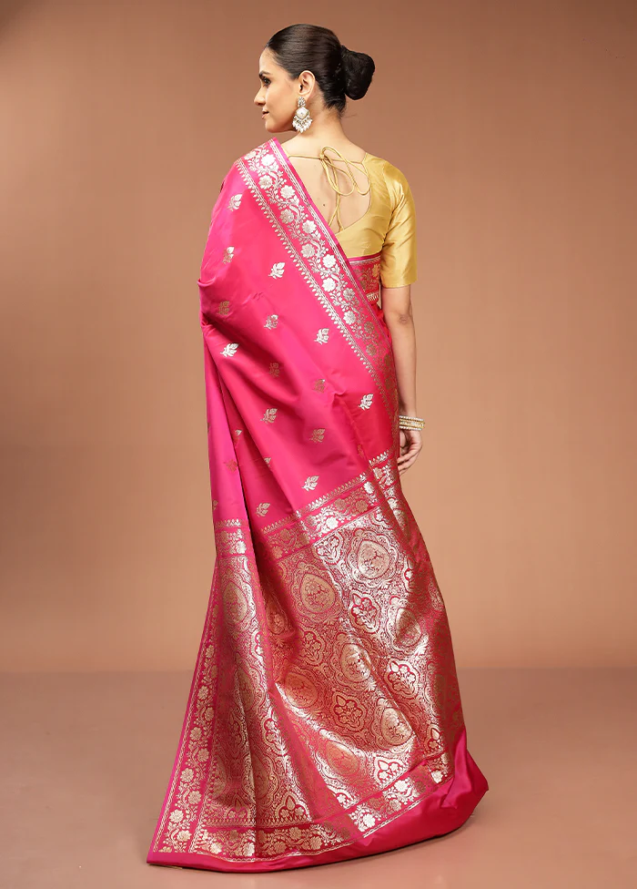 Pink Banarasi Silk Saree With Blouse Piece - Image 3