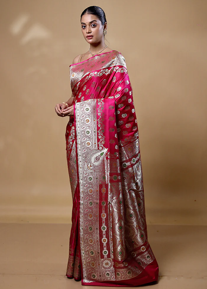 Pink Banarasi Silk Saree With Blouse Piece - Image 4