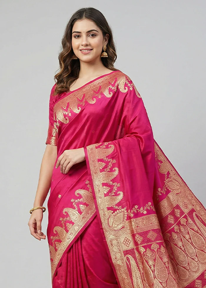 Pink Banarasi Silk Saree With Blouse Piece - Image 2