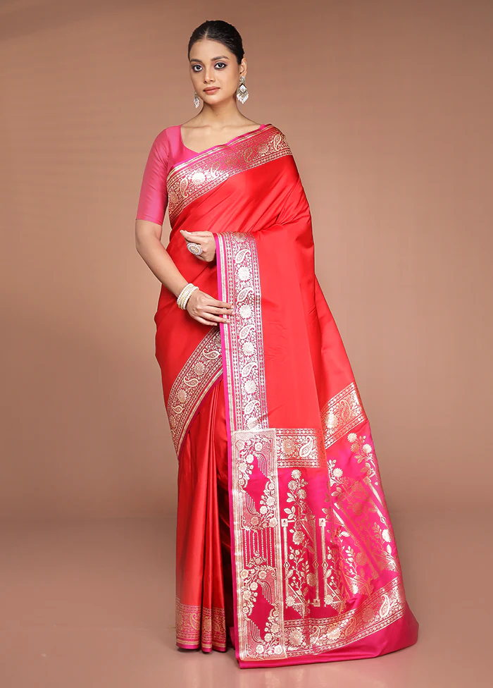Pink Banarasi Silk Saree With Blouse Piece - Image 2