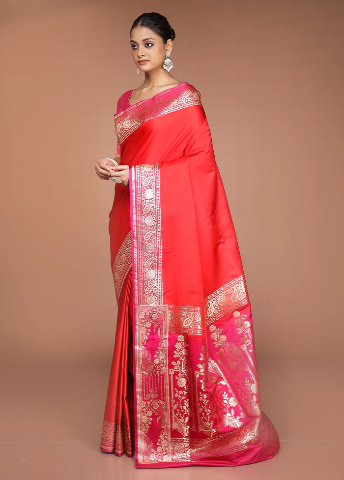 Pink Banarasi Silk Saree With Blouse Piece - Image 4